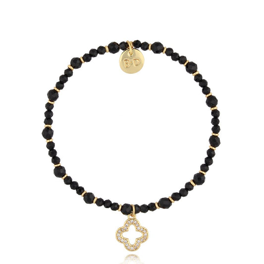 Black Tourmaline Stones Bracelet with Crystal Open Clover Pendant