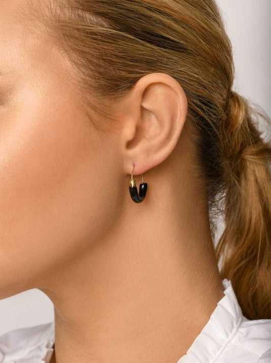 Gold Plated & Black Enamel Hoops Earrings