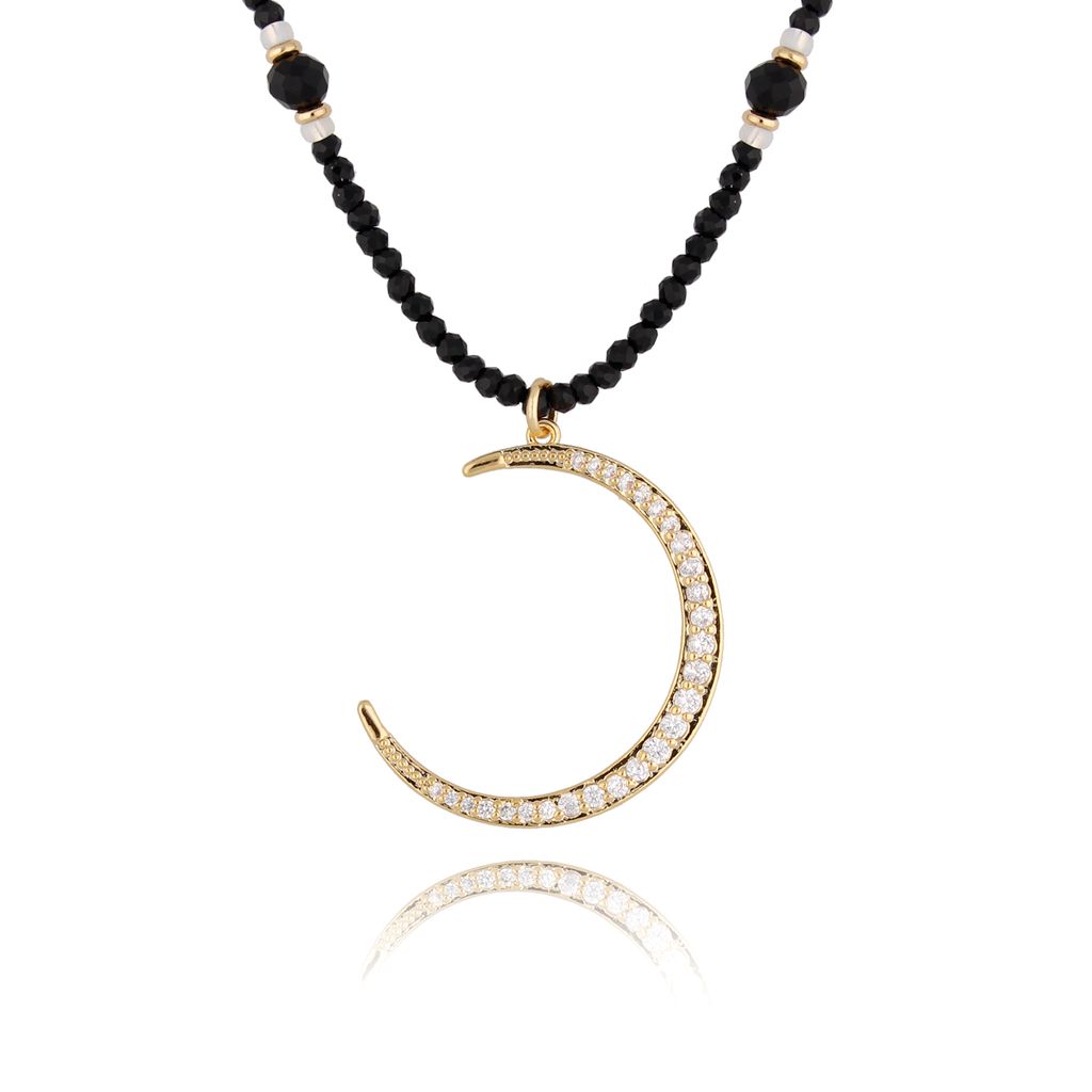 Black Tourmaline Stones Necklace with Crystals Moon Lungo