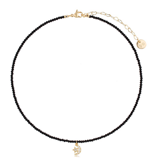 Black Agate Necklace with Crystal Moon & Star