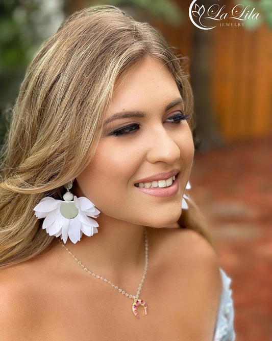 White with Silver Finishing Satin Flower Earrings