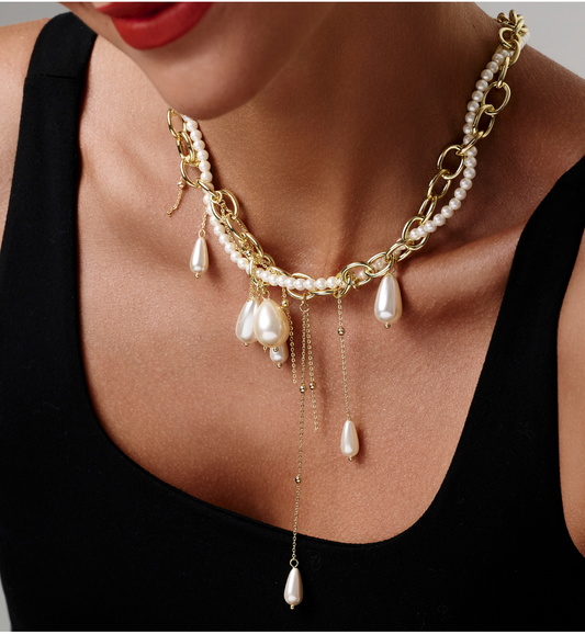 Pearl Sea Cascade Necklace with Pearls and Chains 0389