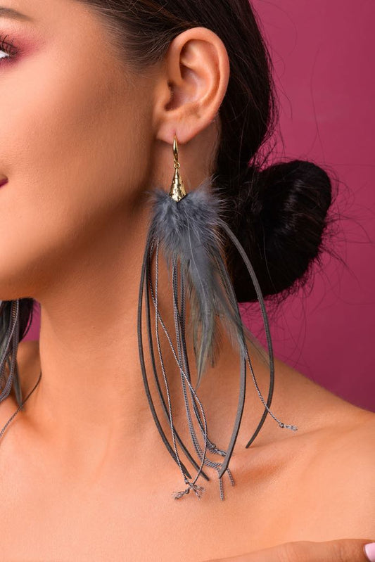 Gray Feather Earrings with Leather Strings and Chains (cl)