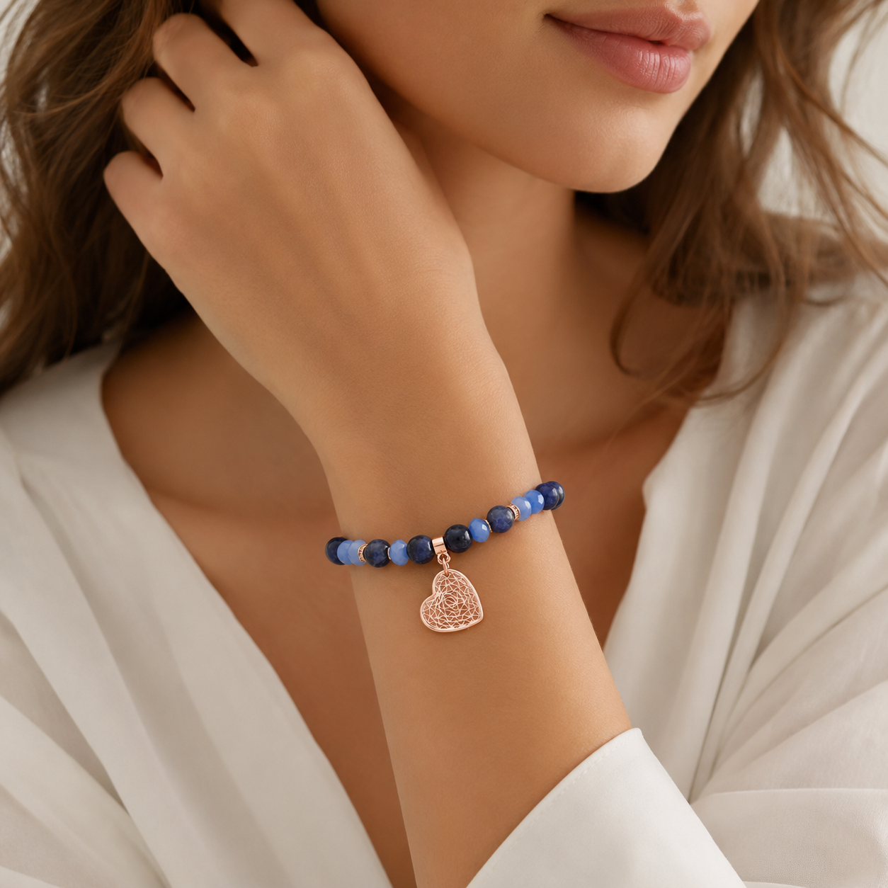 Rose Gold Plated Bracelet with Matt Sodalite Stones & Heart Pendant