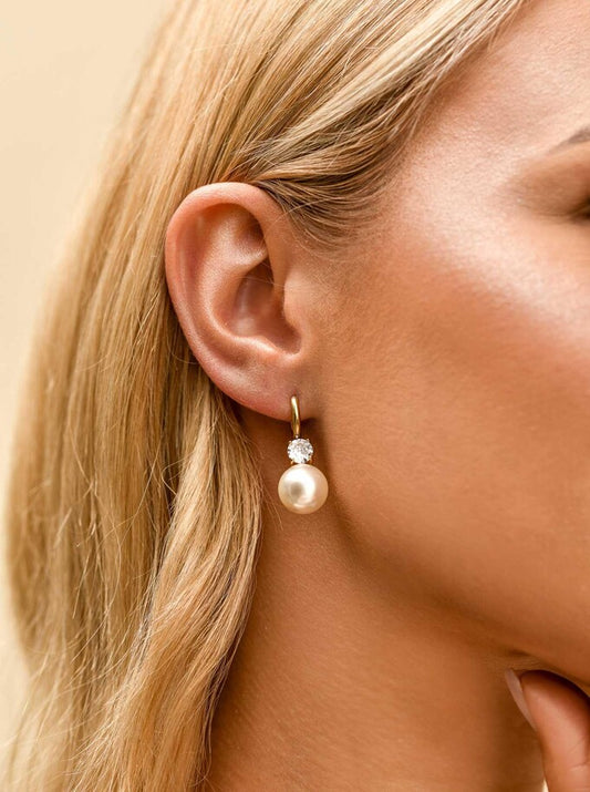 14k Gold Plated Hoop Earrings with Pearl and Crystal