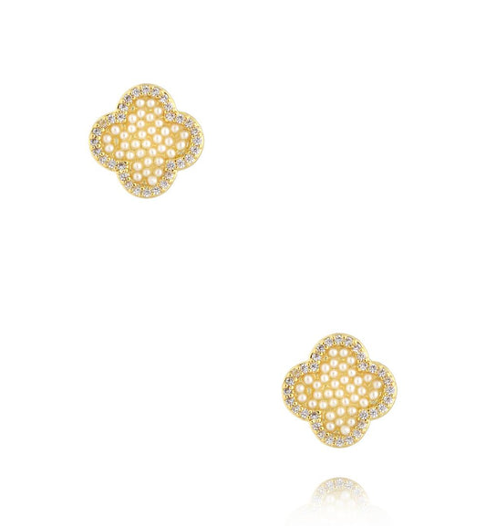 Shining Fall Pearl and Crystals Clover Studs