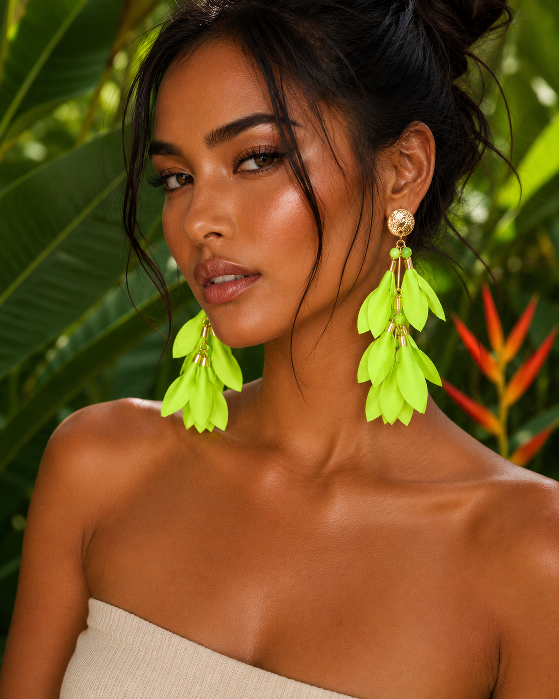 3 Layers Neon Green Satin Flower Earrings