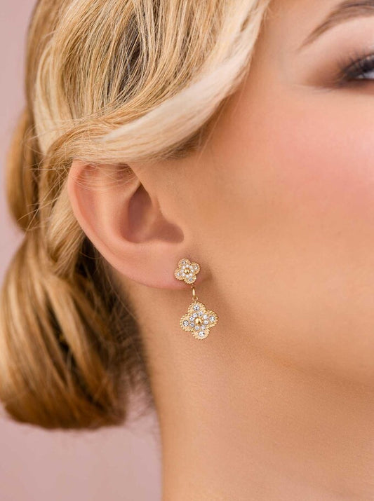 Glamorous 14k Gold Plated Zirconium Clover Earrings