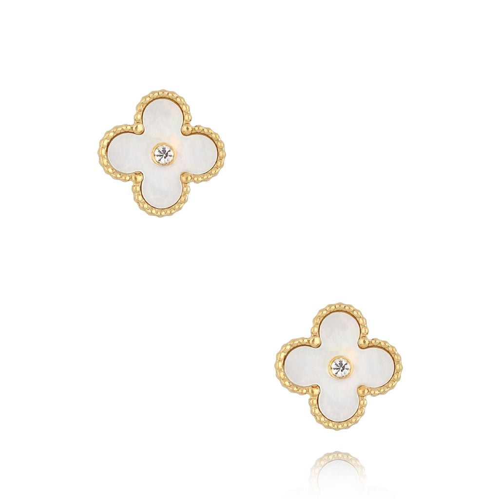 Ehite Enamel Clover Stud Earrings with Crystal Matilde