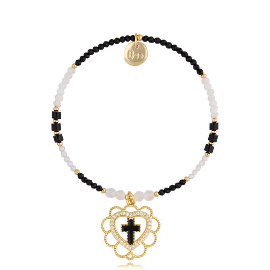 Black & White Stone Bracelet with Zircon Heart and Cross