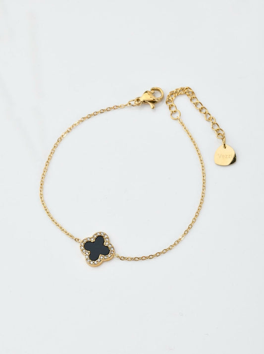14k Gold Plated Bracelet with Crystal Clover & Black Enamel