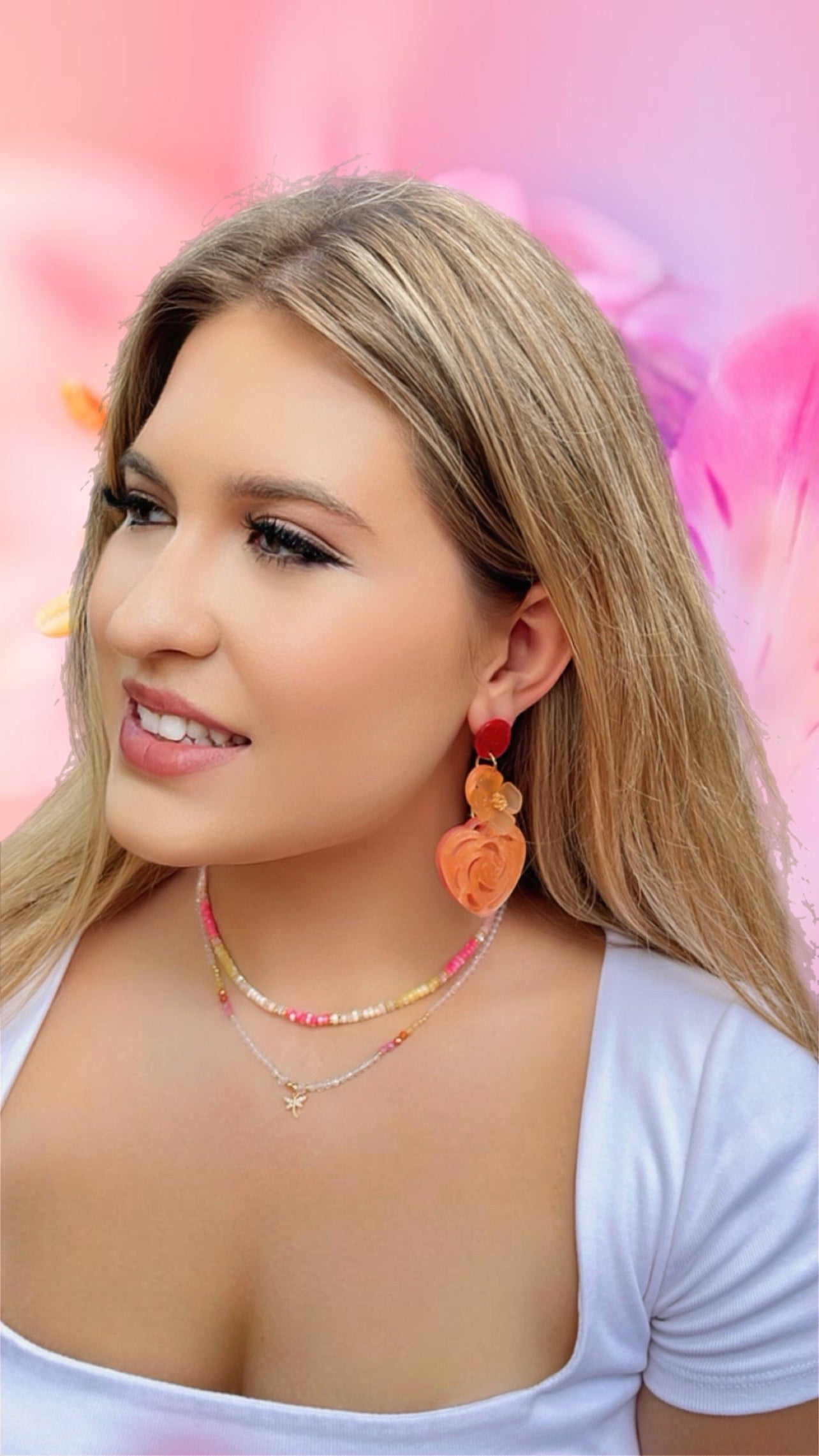 Orange Rose Heart and Flower Earrings