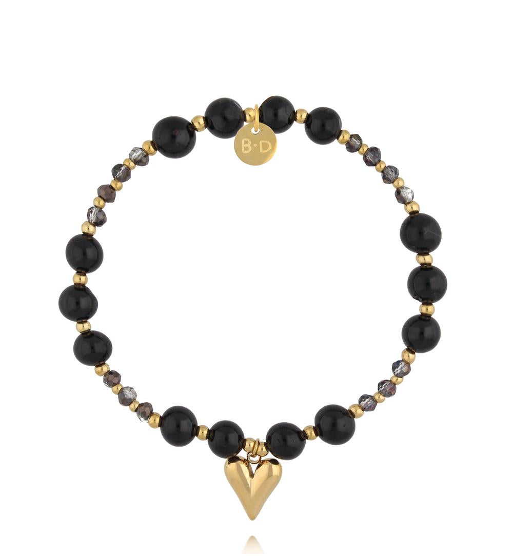 Black Tourmaline Stones Bracelet with Gold Heart Paradise 0618