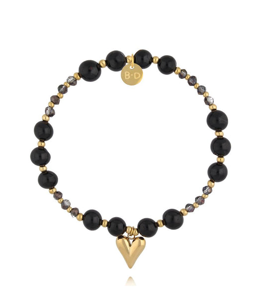 Black Tourmaline Stones Bracelet with Gold Heart Paradise 0618