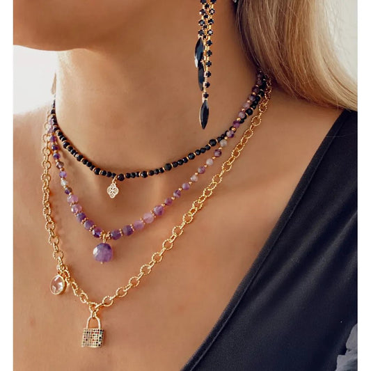 Gold Chain Necklace with Multi Color Lock Pendant (CL)