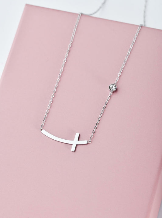 Silver Stainless Steel Cross & Crystal Necklace