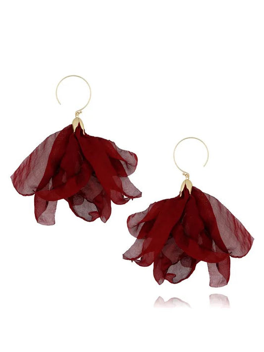 Burgundy Silk Tulip Flower Earrings with Gold Finishing