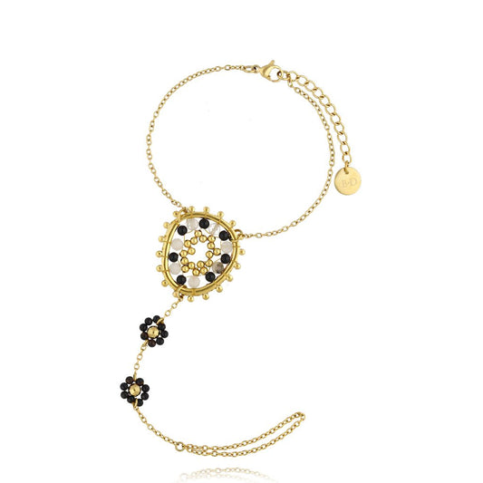 Black & Gray Miyuki Beads Flower Ring Bracelet