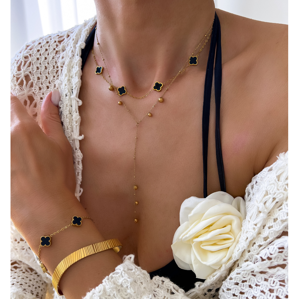 14k Gold Plated Black Enamel Clovers Necklace