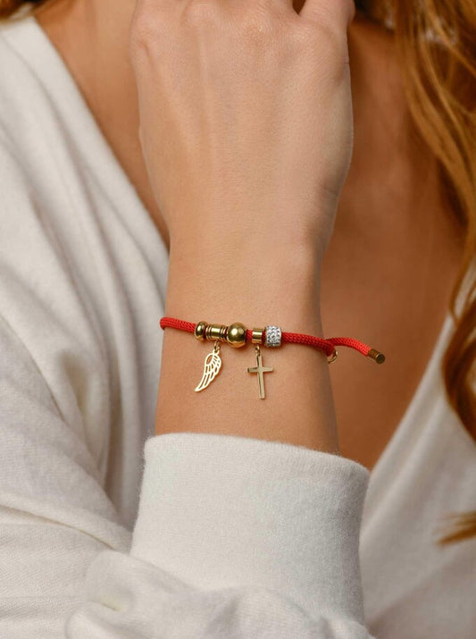Lucky Red String Bracelet with Angel Wing & Cross