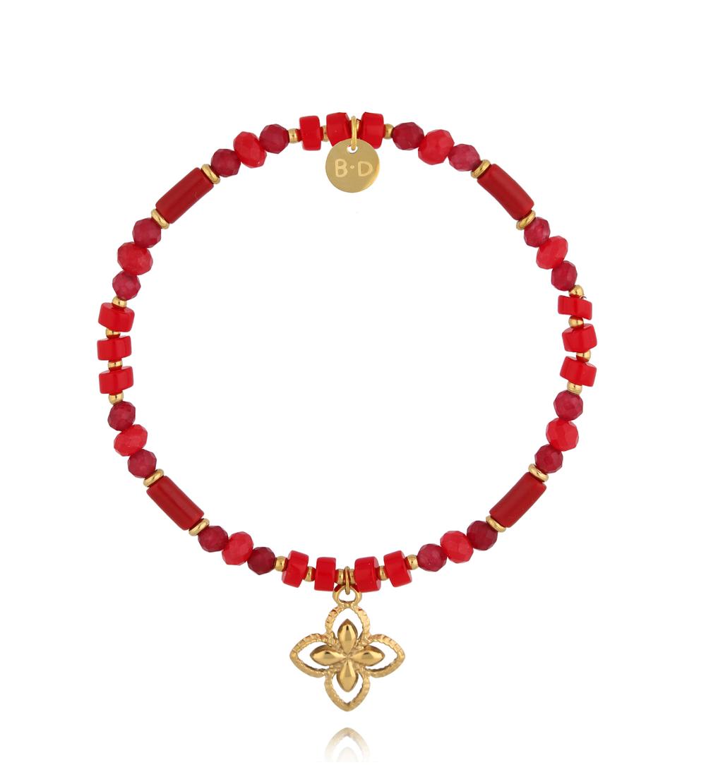 Red Coral Bracelet with Gold Clover Twinkle 3489