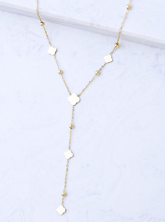 14k Gold Plated Y Necklace with Gold Clovers and Balls