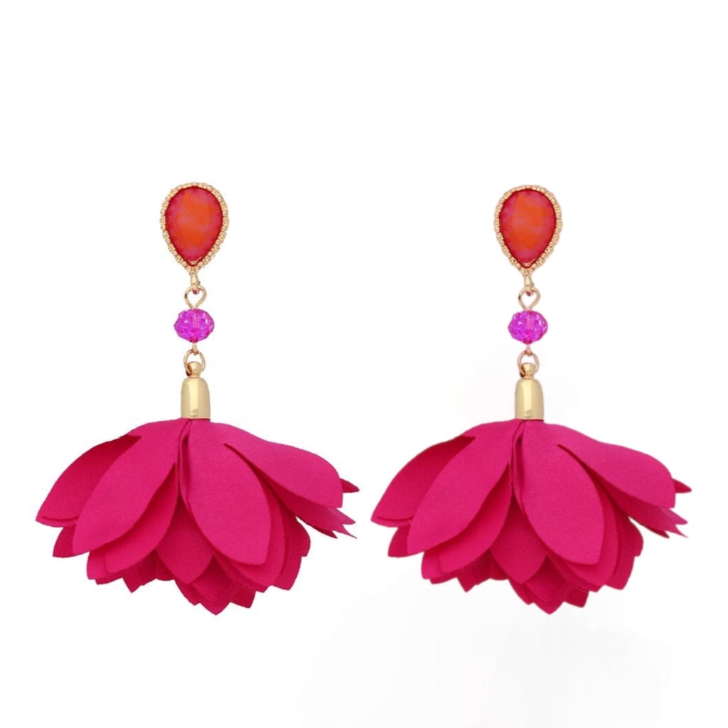 Pink Satin Flower Earrings With Pink Crystal