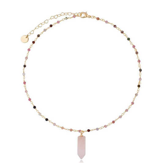 Pink Quartz and Turmaline Stones Necklace with Quartz Pendant