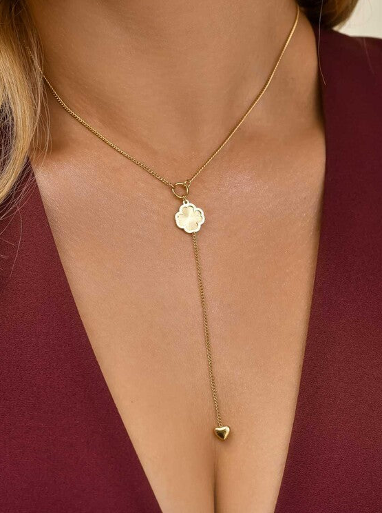 14k Gold Plated Lariat Necklace with Gold Clover and Heart