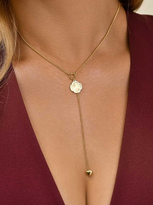 14k Gold Plated Lariat Necklace with Gold Clover and Heart