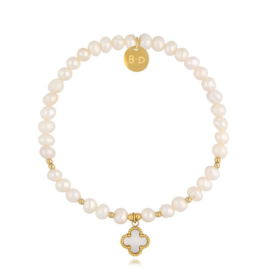 Gold Plated Pearl Bracelet with White Clover