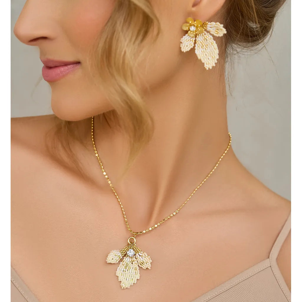 Cream Floral Leaf Necklace & Glass Crystals