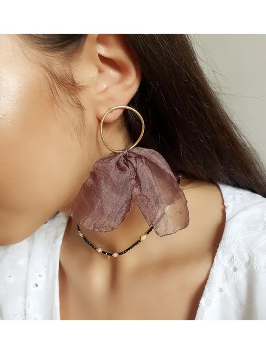 Chocolate Silk Round Flower Earrings with Silver Finishing