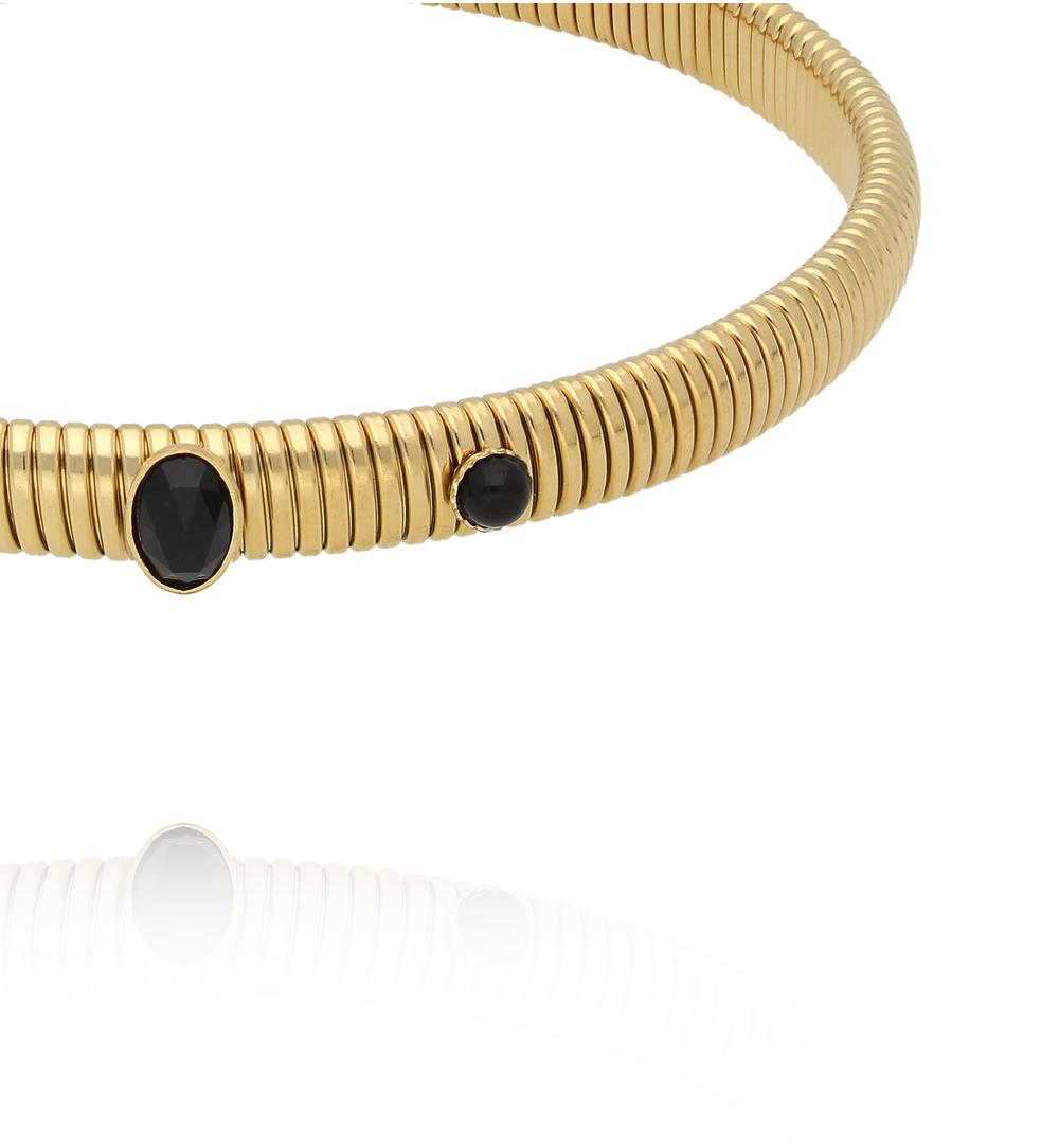 Gold Plated Earth Song Snake Elastic Bracelet with Black Agate 0034