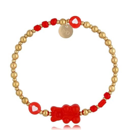 Gold Plated Balls Bracelet with Red Bear