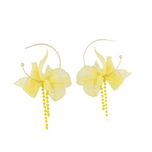 Yellow Silk Flower Hoops Earrings