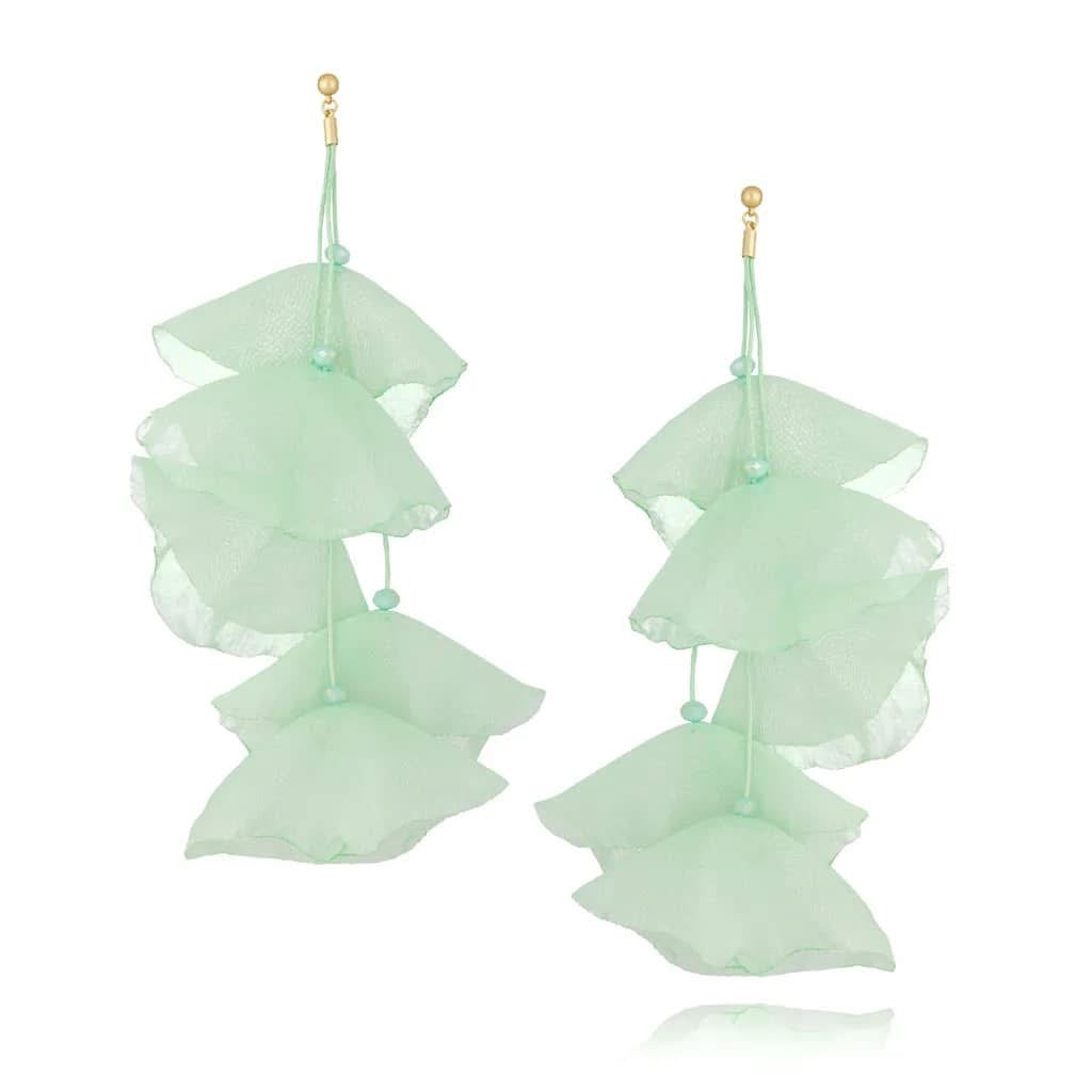 Mint Green Silk Flower Earrings with Silver Finishing 7,5 inch Long