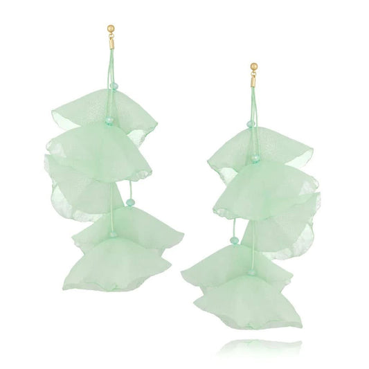 Mint Green Silk Flower Earrings with Silver Finishing 7,5 inch Long
