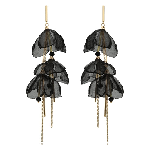 Multi Chain & Silk Flower Petal Earrings in Black