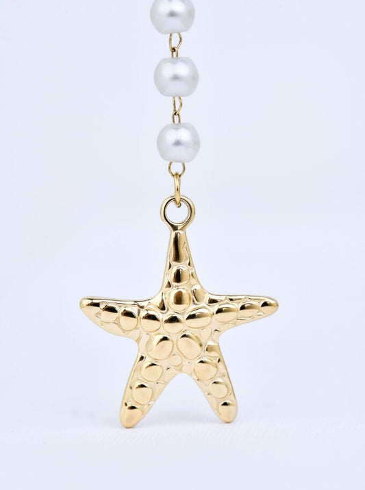 14k Gold Plated Lariat Necklace with Starfish and White Pearls