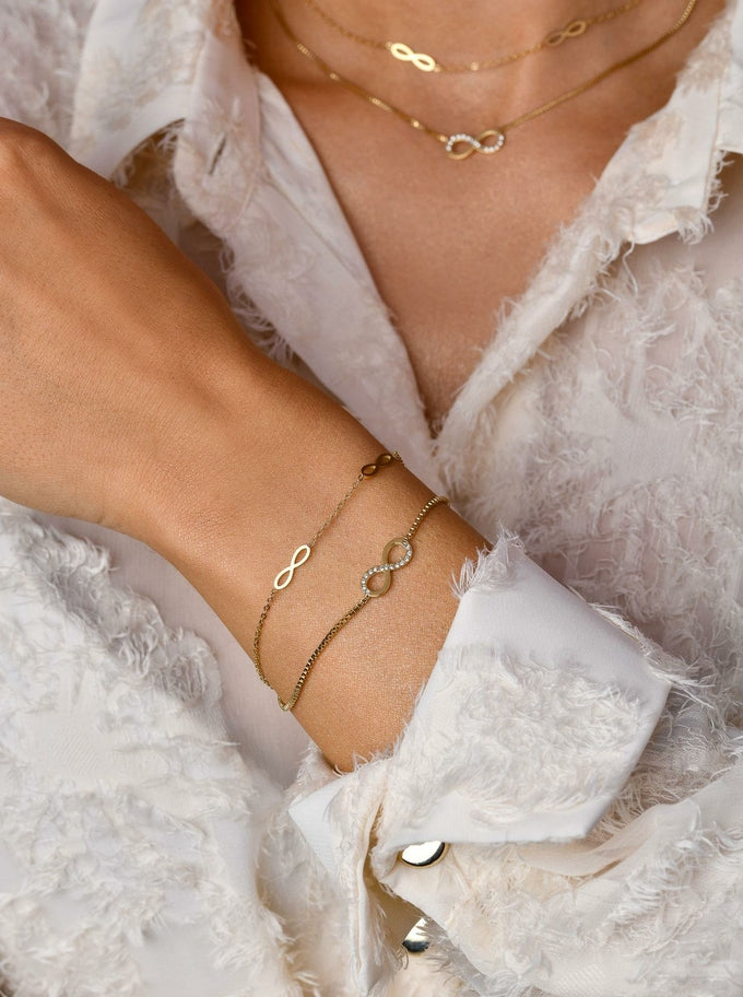 14k Gold Plated Double Chain Bracelet with Crystal Infinity Pendants