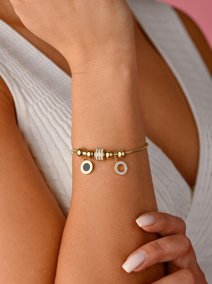 14k Gold Plated Statement Bracelet with Crystal Charm and Round Pendants
