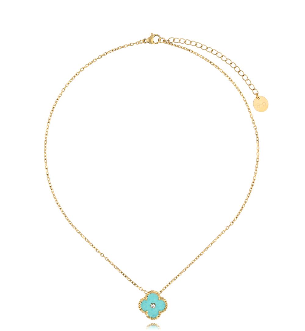 Gold Plated Tiffany Turquoise Clover w Crystal 0255