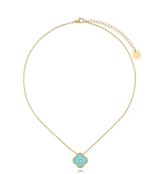 Gold Plated Tiffany Turquoise Clover w Crystal 0255