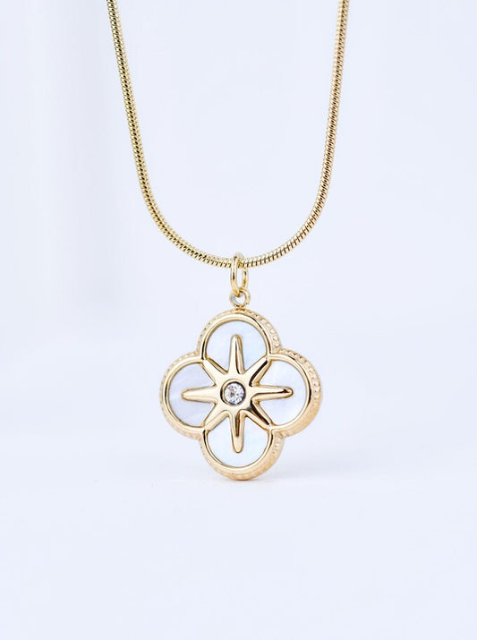 14k Gold Plated White Pearl Clover Necklace