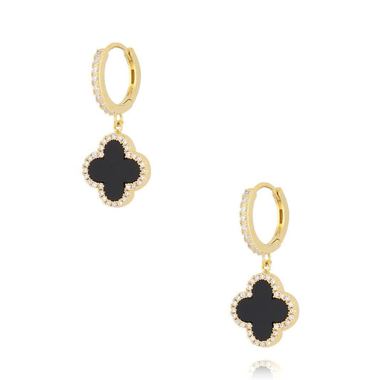 Zirconium Hoop Earrings with Black Enamel Clover and Crystals