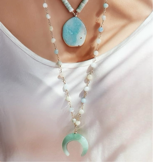 Statement Natural Stones Necklace with Aventurine Moon Pendant