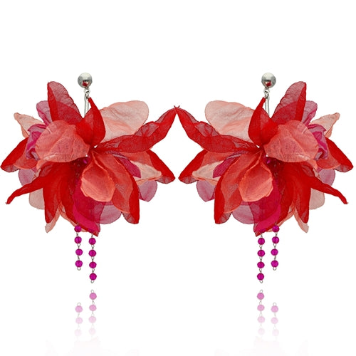 Multi Color Pink & Red Crystal Drop Flower Earrings with Silver Finishing