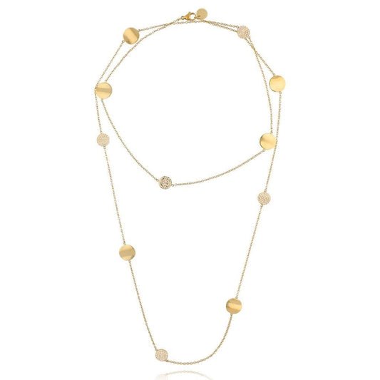 Gold Plated Long Necklace with Flat and Crystal Discs