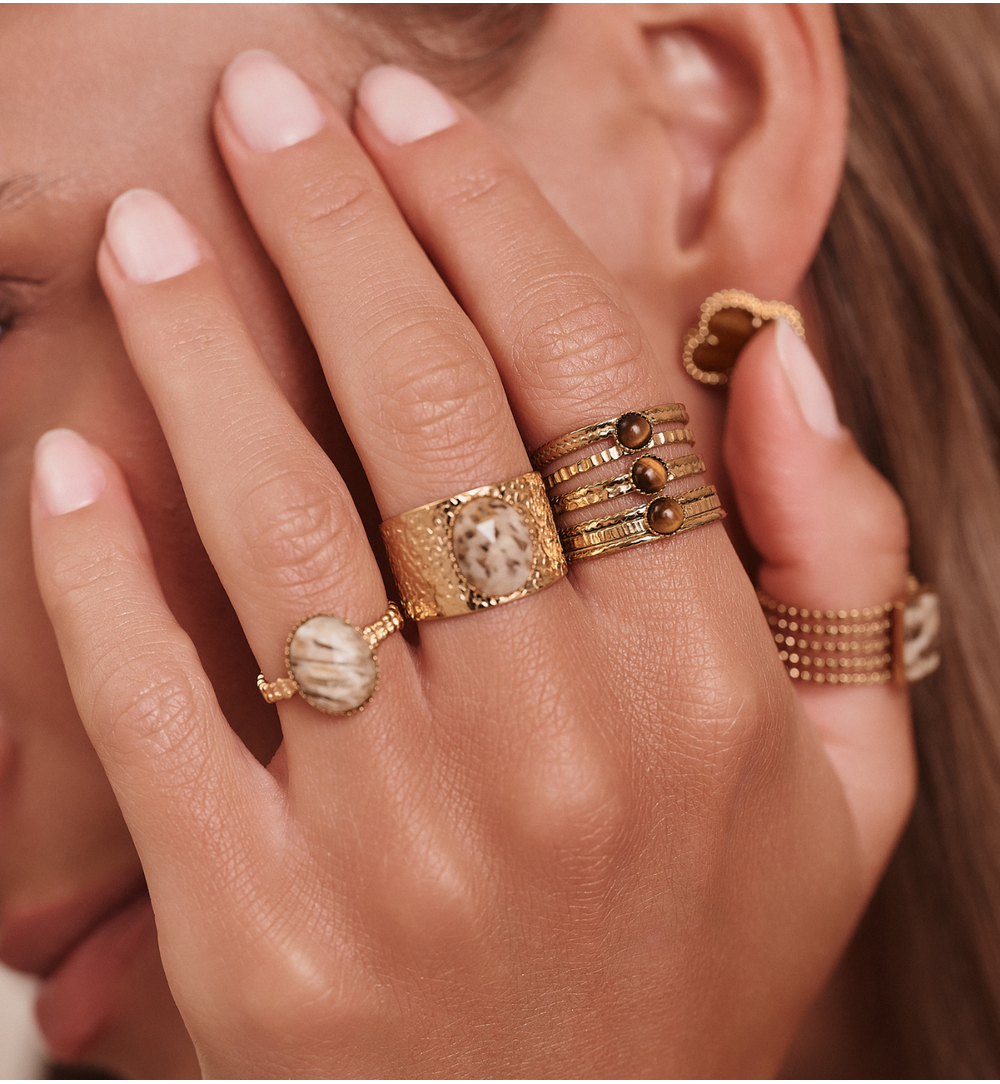 Gold Plated Cuff Ring with Natural Stone 0082